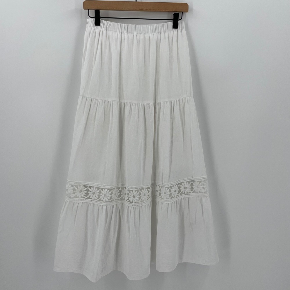 White Tiered Maxi Skirt Floral Lace Inset Elastic Waist Boho Cottagecore Size S - Picture 2 of 8